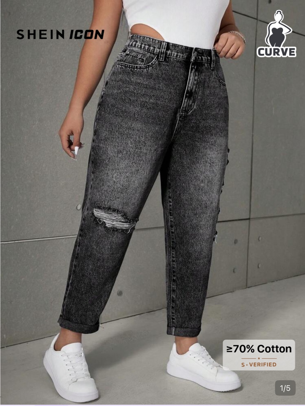 SHEIN Black Acid-Wash Boyfriend Jeans with Knee Rips-elastic waist band